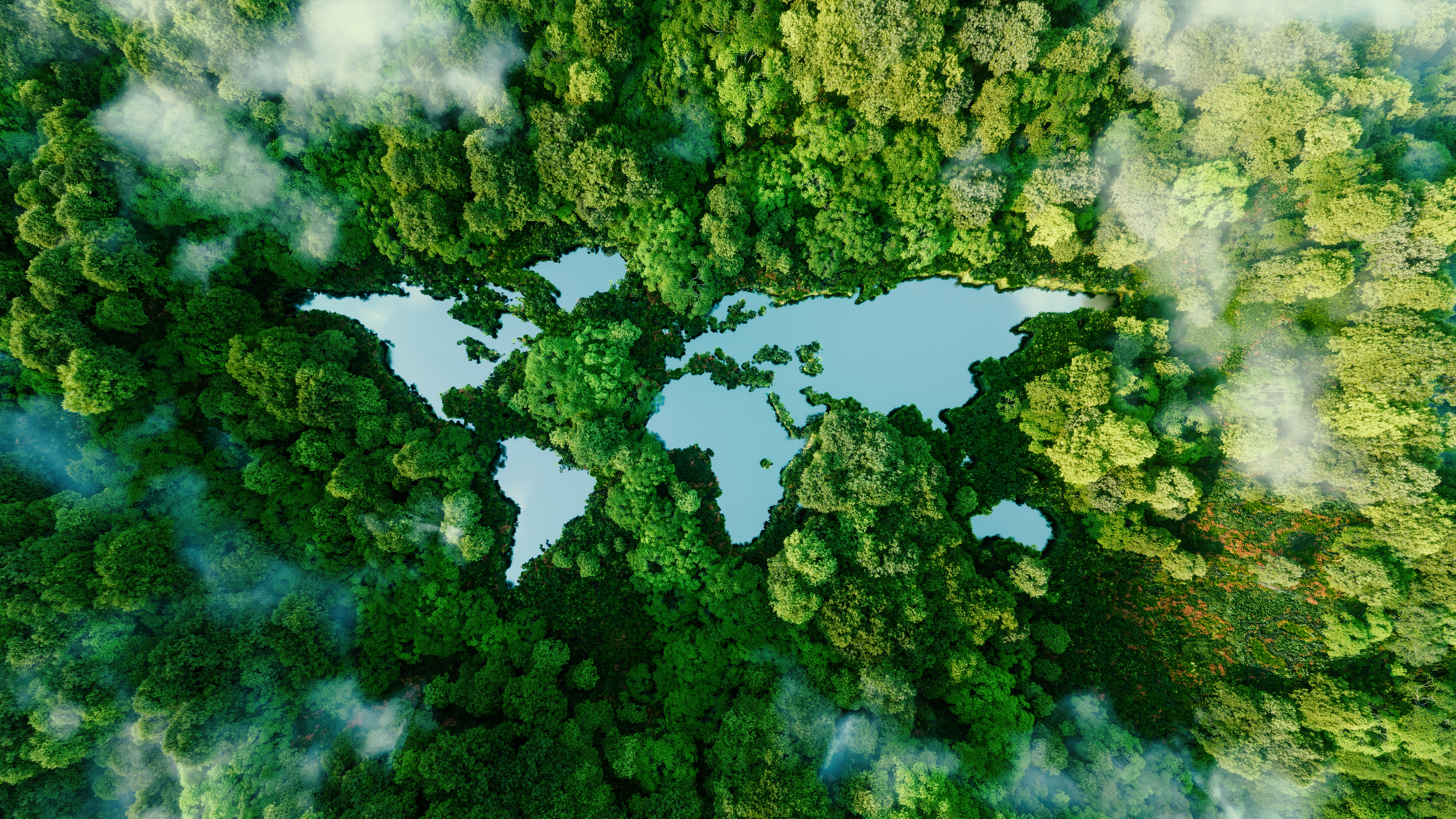 CGI of world map with trees where water would ordinarily be situated